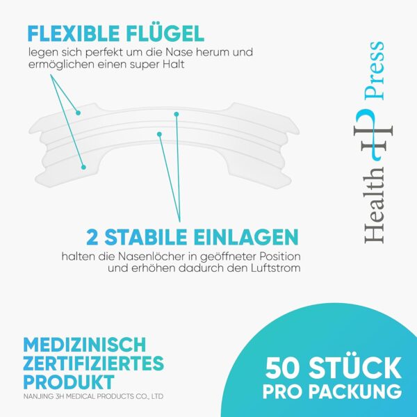 Health Press® Nasenpflaster – 50 Transparente Nasenstrips – Anti Schnarch Pflaster für einfacheres Atmen bei Schlaf & Sport – Schlafnasenstreifen für bessere Atmung – Schnarchstopper – Nasal Strips