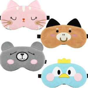 Schlafmaske Kinder, 4 Stück 3D Süße Tiere Augenmaske Atmungsaktiv Augenabdeckung Ultraweich Augenbinde Schlafmasken für Mädchen Jungen Damen Reisen Nickerchen