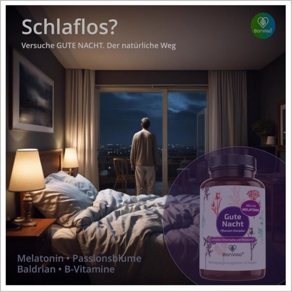 BonVigo® Gute Nacht Kapseln - Jetzt verbessert: Schneller einschlafen mit Melatonin* - Wertvolle Pflanzen-Extrakte Passionsblume und Baldrian - B-Vitamine für Nerven, Herz, Hormone – Bild 3