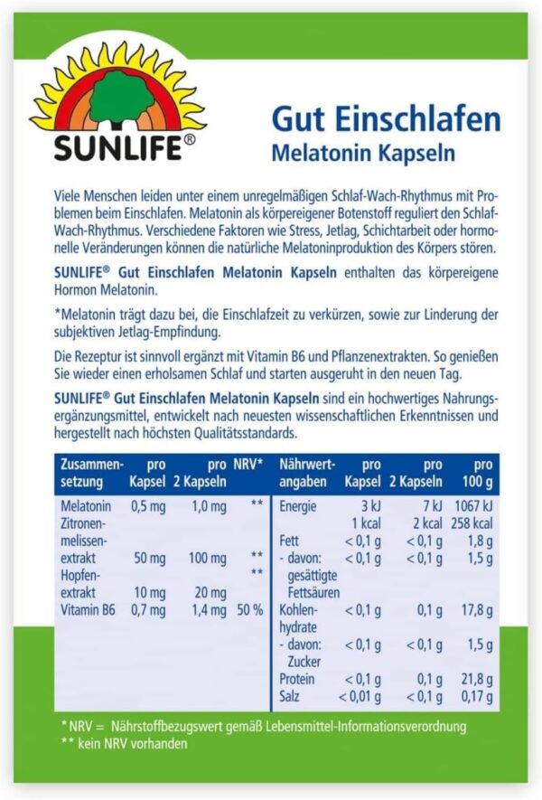 SUNLIFE Melatonin Kapseln hochdosiert - 1 x 30 Stück - Melatonin 1mg Kapseln mit Zitronenmelisse-Extrakt - Gut Einschlafen Kapseln für Erwachsene - hochwertiges Schlafmittel - ideal bei Jetlag – Bild 10