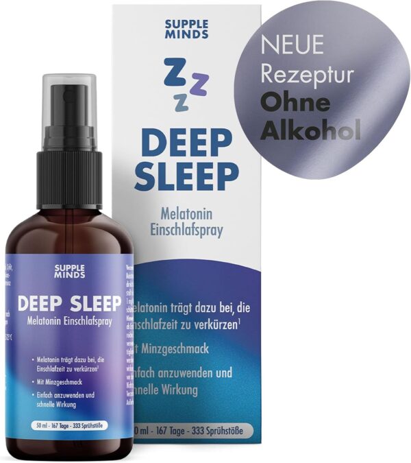 SUPPLEMINDS Deep Sleep Spray – Extra starkes Melatonin Einschlafspray hochdosiert mit 0,5mg Melatonin pro Sprühstoß, Schlafspray mit Minzgeschmack, ohne Alkohol, vegan + zuckerfrei, 50ml
