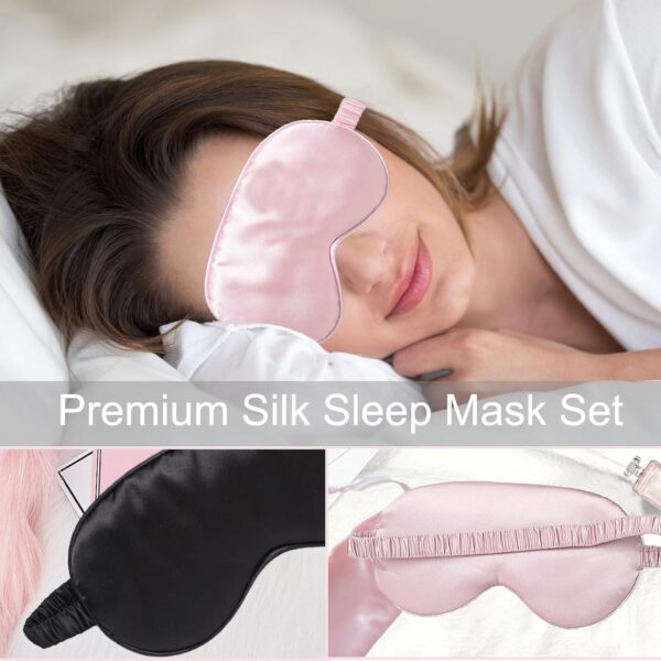 KEYRI 4 Stück Schlafmaske Frauen, Augenmaske Seiden Schlafmas Schlafbrille Herren Hautfreundlich Ultraweiche Schlafbrille Tragbare Augenmaske mit Gummibänder für Schichtarbeit (Schwarz und Rosa) – Bild 4