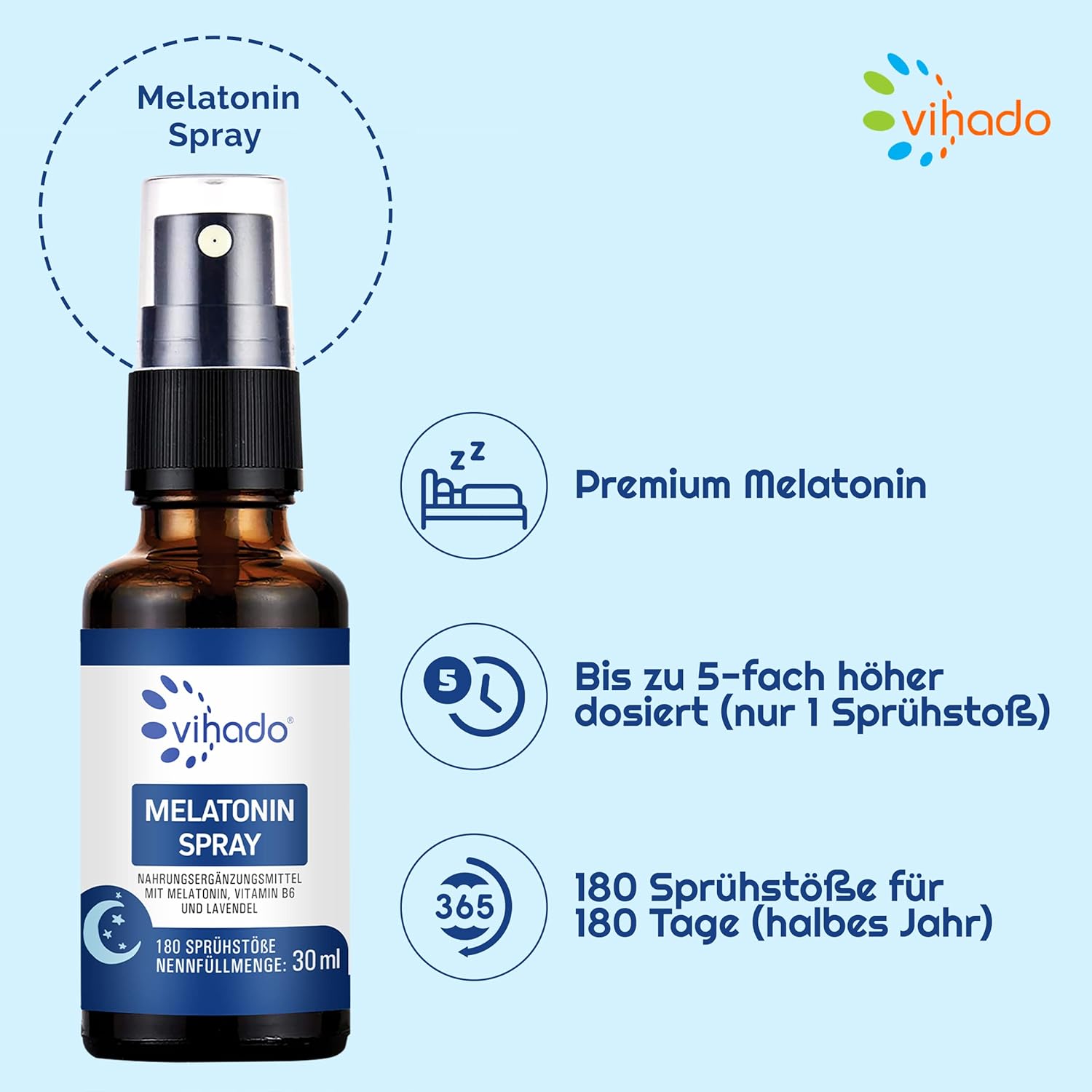 Vihado Melatonin Spray - Premium: Bis zu 5-fach höher dosiert - 180 Tage Vorrat - Melatonin Spray hochdosiert mit Lavendel ohne Alkohol - vegan, 30 ml – Bild 2