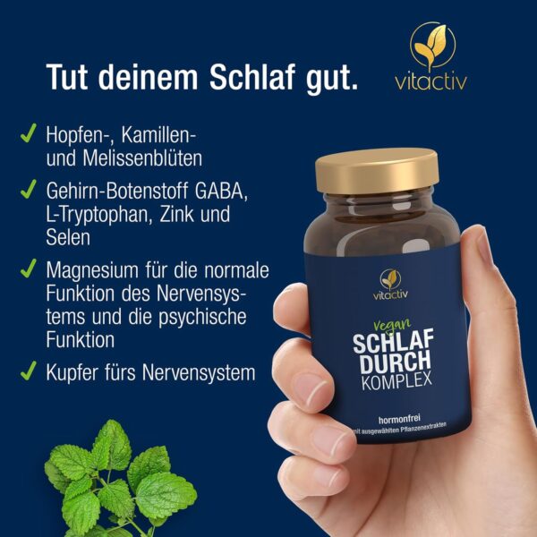 VITACTIV Schlafdurch Komplex - natürliche Durchschlafhilfe-Kapseln für Menschen, die Probleme beim Durchschlafen haben, 100% pflanzliche Inhaltsstoffe mit Hopfenblüte und Melisse – Bild 3