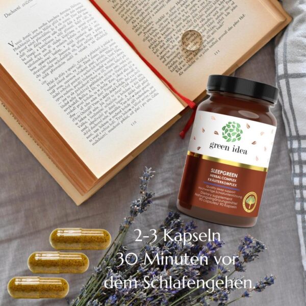 Green idea - SLEEPGREEN Schlaftabletten Besser einschlafen – Ashwagandha, Johanniskraut, L-Tryptophan, Baldrian, Hopfen – kein Melatonin – Beruhigungsmittel Mensch - Einschlafhilfe Erwachsene 90 kaps – Bild 6