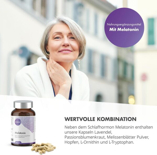 Nutritec Melatonin Kapseln, 90 Stück, 0,5 mg Melatonin pro Kapsel, hochdosiert, mit Lavendel, Passionsblumenkraut, Melissenblätter Pulver, Hopfen, L-Ornithin und L-Tryptophan – Bild 4