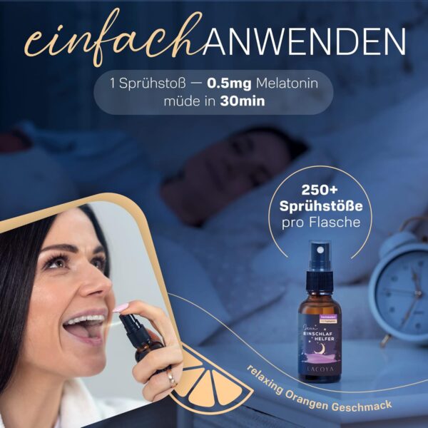 LACOYA® Melatonin Einschlafspray + L-Tryptophan 0,5mg/Sprüher - Melatonin-Spray hochdosiert 5-Fach höher - Natürliche Einschlafhilfe für Erwachsene & Kinder - Sleep Schlaf-Spray ohne Alkohol u. Zucker – Bild 3