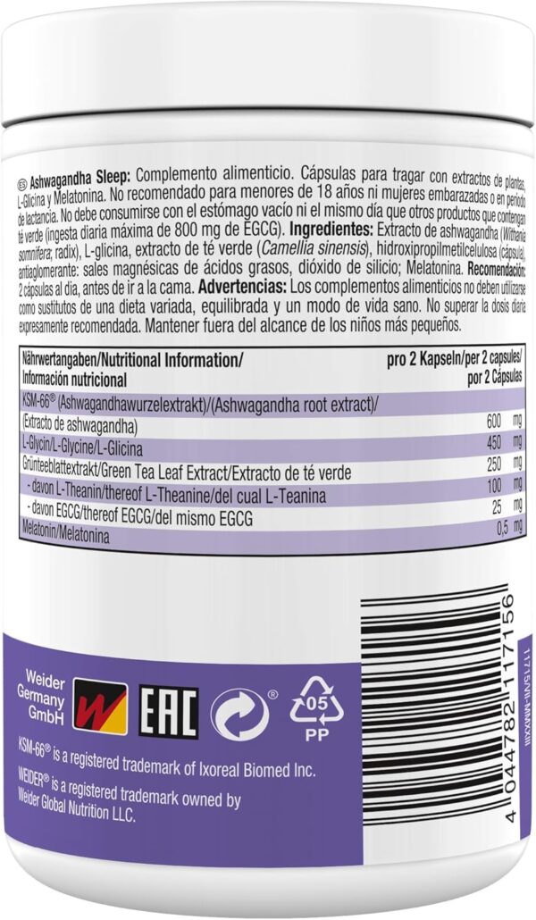Weider Ashwagandha Sleep - KSM-66 Ashwagandha, L-Theanin, Glycin & Melatonin für Stressabbau & verbesserten Schlaf - 120 Kapseln – Bild 2