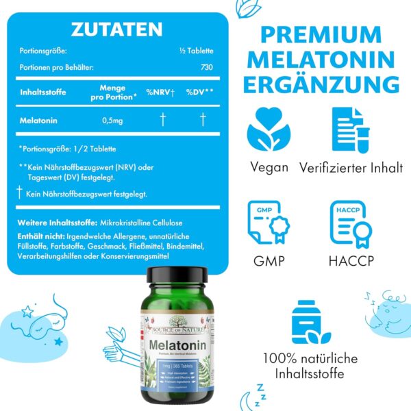 Source of Nature® | 365 Premium Melatonin-Tabletten | 2-Jahres-Vorrat | 0,5 mg pro Dosis (½ Tablette) | Hohe Dosis | Keine unerwünschten Zusatzstoffe | Premium Dänische Marke | Unabhängig getestet – Bild 8