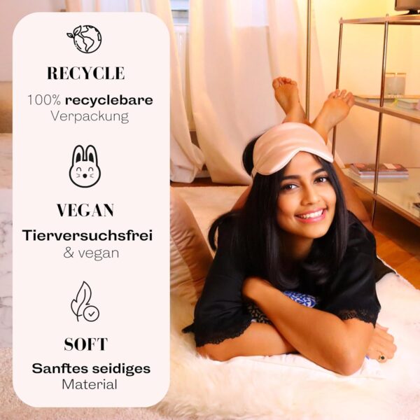 POOISE Schlafmaske - weiches Satin - vegane Seide - Anti Aging & anti Schlaffalten - Verstellbares Band - 100% Lichtblockierung - Reise Augenmaske - Geschenkidee für Frauen (Rosa) – Bild 4
