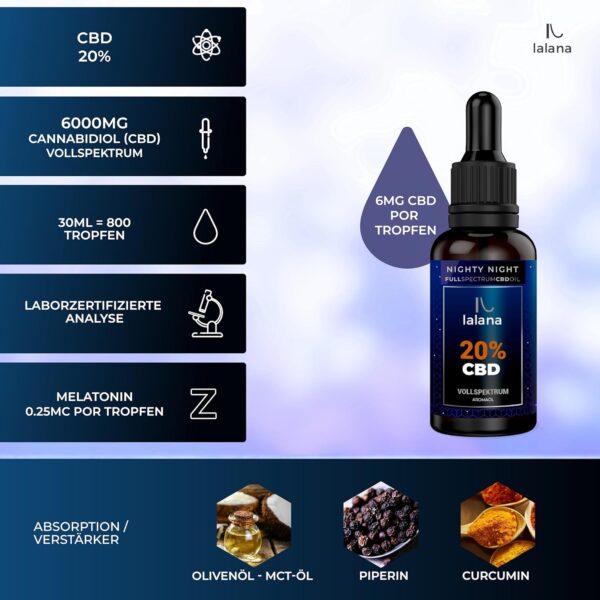 LALANA OIL ® CBD Öl 20% mit Melatonin, Nachtformel, Vollspektrum 30ml, 6.000mg Curcumin, Piperin, Safranextrakt, Vitamin B6 – Bild 2