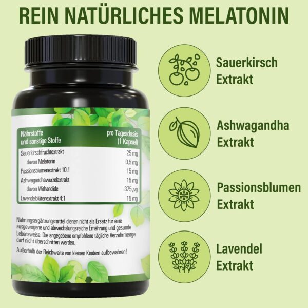 Vihado Natur Melatonin hochdosiert, Innovation: natürliches Melatonin aus Sauerkirsch, zusätzlich Ashwagandha, Passionsblume, Lavendel, 90 Kapseln – Bild 5