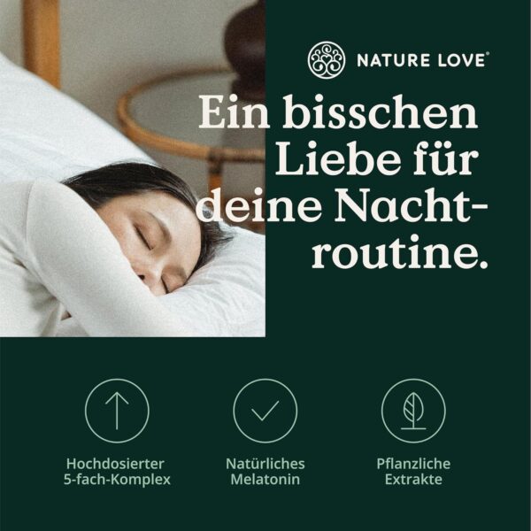 NATURE LOVE® Nacht - 90 Kapseln - mit natürlichem Melatonin, Ashwagandha, Baldrian, Lavendel und Zitronenmelisse - 0,5mg Melatonin pro Kapsel - laborgeprüft und in Deutschland hergestellt – Bild 2