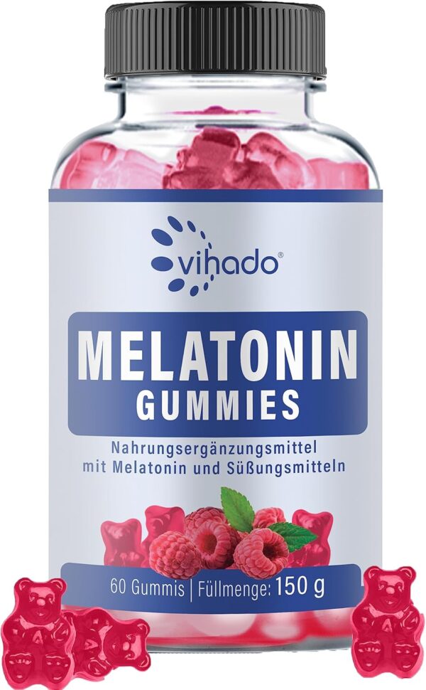 Vihado Melatonin Gummies - so lecker und soft, hochdosiert, ohne Zuckerzusatz, vegan - besser da mit Vitamin D3, K2, Passionsblume und Kamille, 60 Gummis