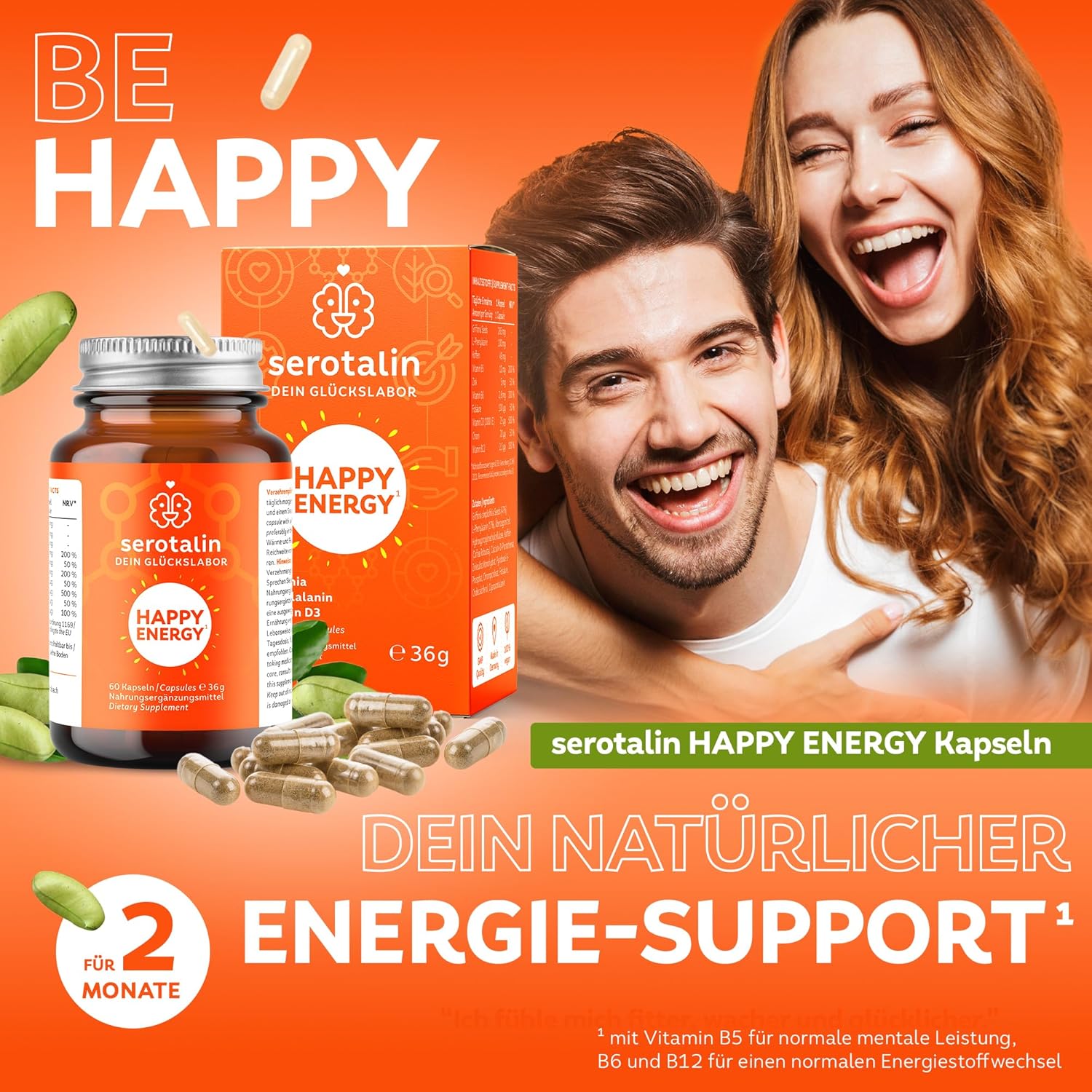 serotalin® ORIGINAL HAPPY ENERGY KAPSELN | +Griffonia +Vitamin D3 hochdosiert +B12 +B6 +Phenylalanin +Zink +Chrom +Koffein | 100% vegan & made in Germany | 2 Monate – Bild 2