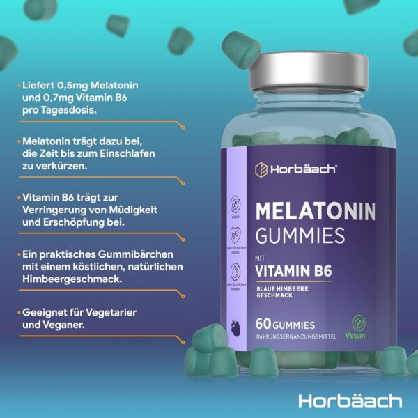 Melatonin Gummies mit Vitamin B6 | Hochdosiert Melatonin | 2 Monate Vorrat - 60 Gummibärchen | Horbaach – Bild 2