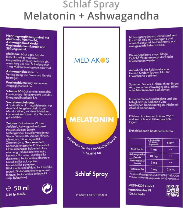 Mediakos® Melatonin Einschlafspray mit Ashwagandha (50ml) - Hochdosiertes Melatonin Spray mit Passionsblume & Vitamin B6 - Schlafspray für direkte & kontaktlose Anwendung - Pfirsich-Geschmack – Bild 6