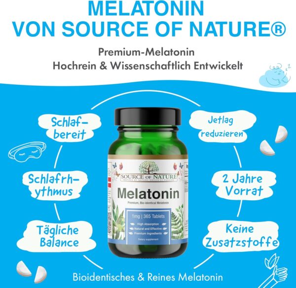 Source of Nature® | 365 Premium Melatonin-Tabletten | 2-Jahres-Vorrat | 0,5 mg pro Dosis (½ Tablette) | Hohe Dosis | Keine unerwünschten Zusatzstoffe | Premium Dänische Marke | Unabhängig getestet – Bild 2