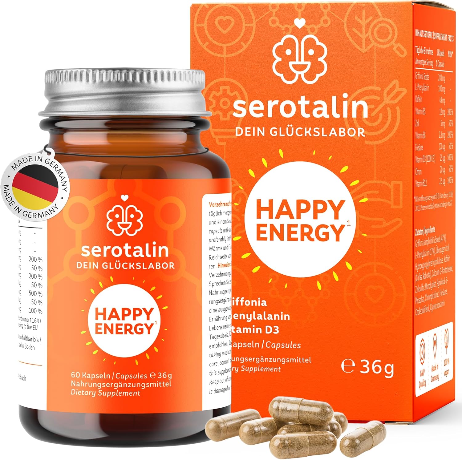 serotalin® ORIGINAL HAPPY ENERGY KAPSELN | +Griffonia +Vitamin D3 hochdosiert +B12 +B6 +Phenylalanin +Zink +Chrom +Koffein | 100% vegan & made in Germany | 2 Monate