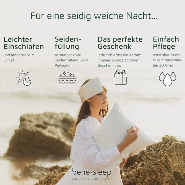 bene-sleep. Handgefertigte Schlafmaske aus reiner Seide mit Seidenfüllung – verstellbare Seidenschlafmaske Männer & Frauen – hypoallergen – atmungsaktive Maulbeerseide – Polyesterfrei (Grün) – Bild 5