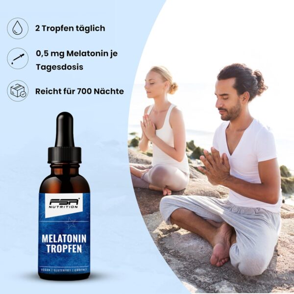 Melatonin Tropfen 50 ml - 0,5 mg bioaktives Melatonin pro Tagesdosis - auf Wasserbasis ohne lästigen Öl-Film im Mund - laborgeprüft - ohne Alkohol - vegan - FSA Nutrition – Bild 2