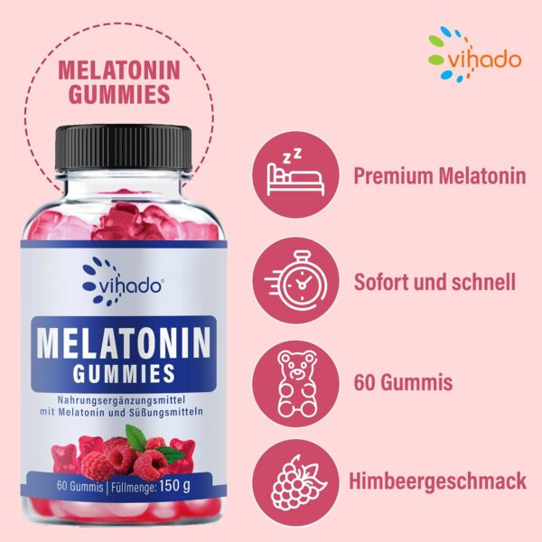 Vihado Melatonin Gummies - so lecker und soft, hochdosiert, ohne Zuckerzusatz, vegan - besser da mit Vitamin D3, K2, Passionsblume und Kamille, 60 Gummis – Bild 4