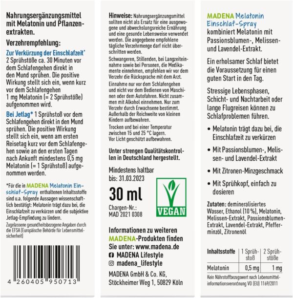 MADENA Melatonin Einschlafspray, ohne Konservierungsstoffe und Süßungsmittel, mit Extrakten aus Passionsblume, Melisse, Lavendel, vegan, Diffuser mit Sofort-Effekt – Bild 2