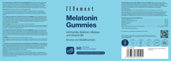 Melatonin Gummies, mit Kamille, Baldrian, Melisse und Vitamin B6, 90 Vegan Fruchtgummis | 0,5 mg Melatonin pro Dose | Aroma von Waldfrüchten | Gelatinefrei, Vegetarisch, Glutenfrei | Zenement – Bild 4