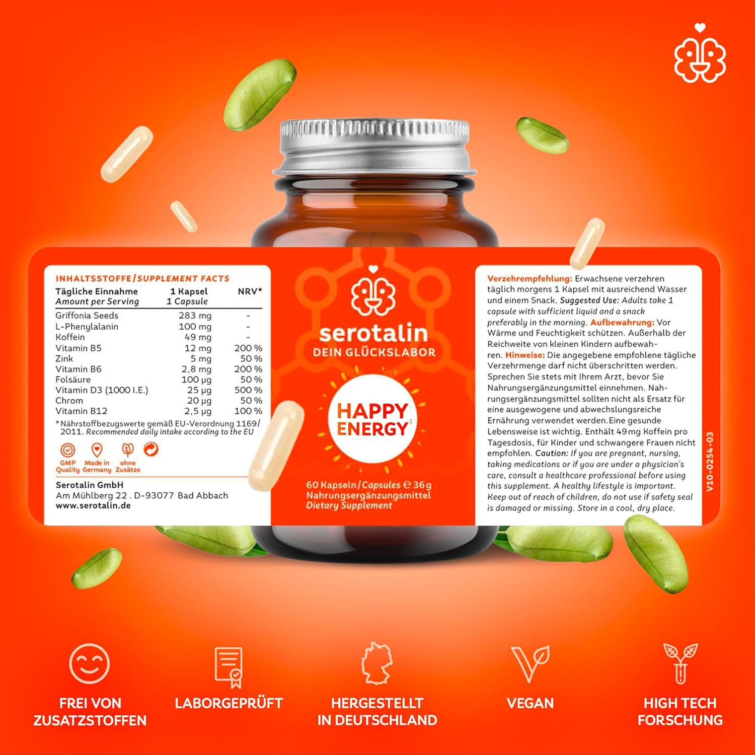 serotalin® ORIGINAL HAPPY ENERGY KAPSELN | +Griffonia +Vitamin D3 hochdosiert +B12 +B6 +Phenylalanin +Zink +Chrom +Koffein | 100% vegan & made in Germany | 2 Monate – Bild 3