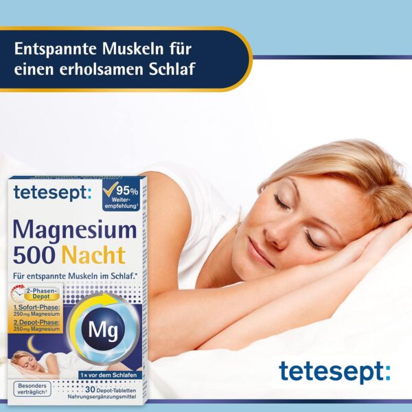 tetesept Magnesium 500 Nacht - Nahrungsergänzungsmittel mit hochdosiertem Magnesium - entspannte Muskeln im Schlaf mit Magnesium Tabletten - 5 x 30 Tabletten – Bild 2