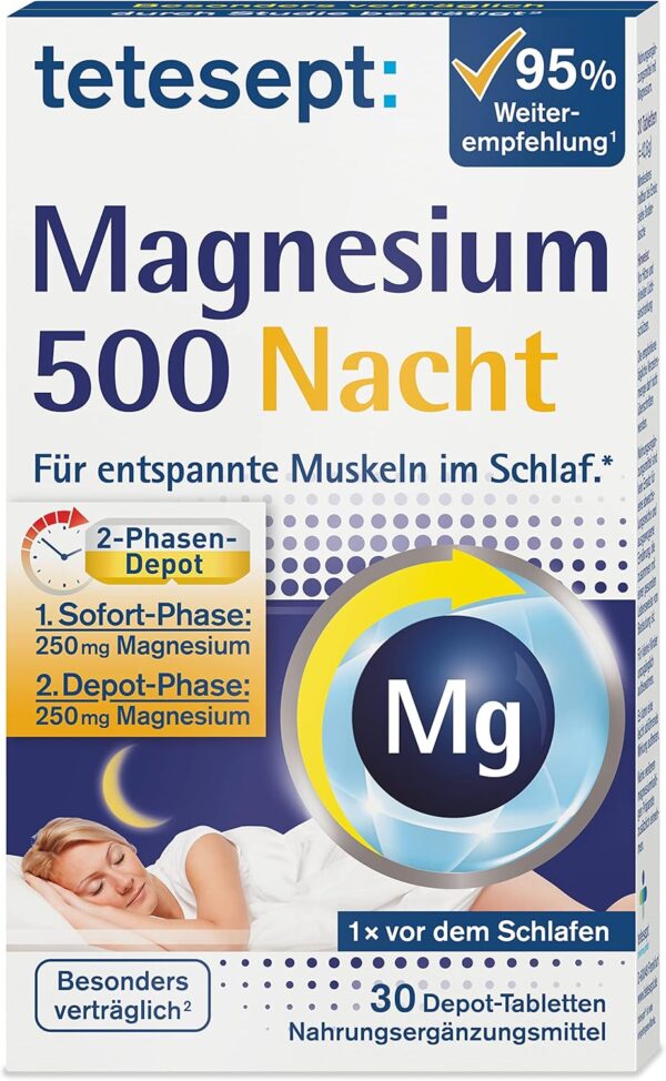 tetesept Magnesium 500 Nacht - Nahrungsergänzungsmittel mit hochdosiertem Magnesium - entspannte Muskeln im Schlaf mit Magnesium Tabletten - 5 x 30 Tabletten – Bild 3