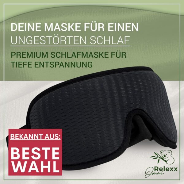 OMNIRELEXX Schlafmaske – Atmungsaktive 3D Schlafbrille – Bequeme und weiche Augenmaske für Frauen und Männer - 100% Lichtblockierend - Reisebeutel - Vertiefung für die Augen - Memory Schaum (Schwarz) – Bild 3