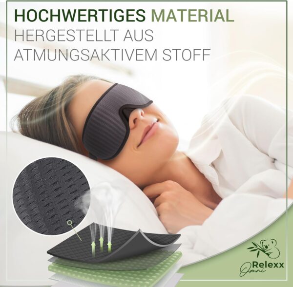 OMNIRELEXX Schlafmaske – Atmungsaktive 3D Schlafbrille – Bequeme und weiche Augenmaske für Frauen und Männer - 100% Lichtblockierend - Reisebeutel - Vertiefung für die Augen - Memory Schaum (Schwarz) – Bild 2
