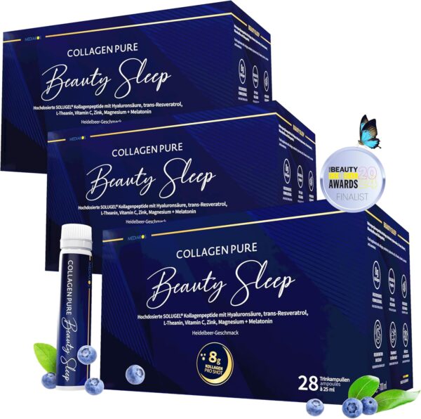 Spar-Set Collagen 8000mg + Melatonin - Hochdosiert Kollagen Trinkampullen - Magnesium Vitamin C Zink Hyaluronsäure Theanin Resveratrol - 28 Trinkampullen 1 Monat Vorrat - Blaubeergeschmack - MEDIAKOS