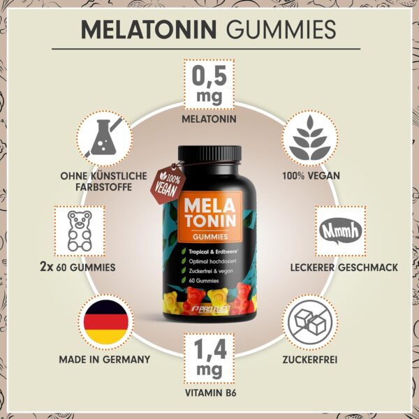 Melatonin Gummies 2x60 mit 0,5 mg bioaktivem Melatonin - leckerer Früchte-Mix-Geschmack - Optimal hochdosiert - Gummibärchen mit Melatonin - Zuckerfrei, laborgeprüft & 100% vegan - Made in Germany – Bild 2