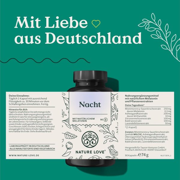 NATURE LOVE® Nacht - 90 Kapseln - mit natürlichem Melatonin, Ashwagandha, Baldrian, Lavendel und Zitronenmelisse - 0,5mg Melatonin pro Kapsel - laborgeprüft und in Deutschland hergestellt – Bild 5
