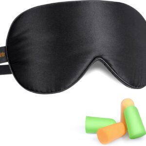 Gritin Schlafmaske aus Seide, Lichtblockierende Augenmaske Nachtmaske 100% Hautfreundlich Seide Geruchneutral Schlafbrille mit Verstellbarem Riemen und Ohrstöpseln für Männer, Frauen und Kinder
