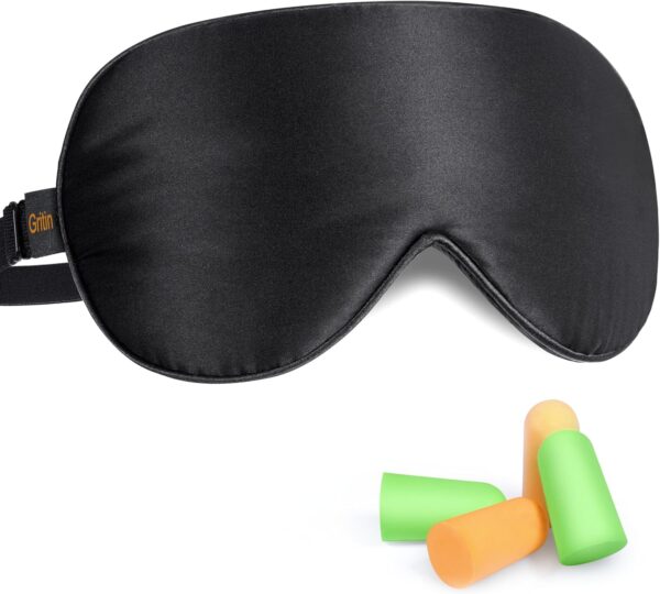 Gritin Schlafmaske aus Seide, Lichtblockierende Augenmaske Nachtmaske 100% Hautfreundlich Seide Geruchneutral Schlafbrille mit Verstellbarem Riemen und Ohrstöpseln für Männer, Frauen und Kinder