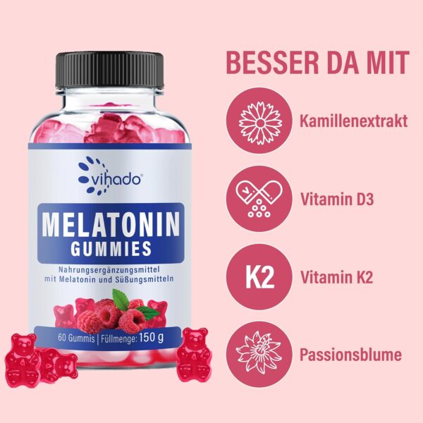 Vihado Melatonin Gummies - so lecker und soft, hochdosiert, ohne Zuckerzusatz, vegan - besser da mit Vitamin D3, K2, Passionsblume und Kamille, 60 Gummis – Bild 5