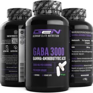 GABA - 180 Kapseln mit 750 mg - Hochdosiert mit 3000 mg pro Tagesportion - Gamma 100% Aminobuttersäure -Aminosäure - Vegan - Premium Qualität - German Elite Nutrition