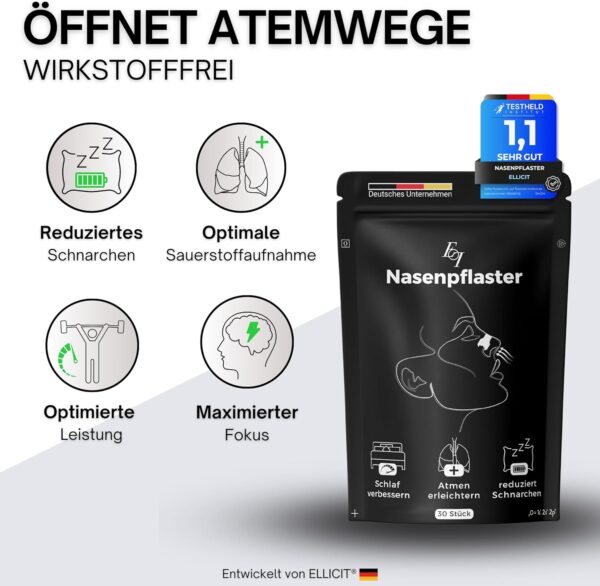 Ellicit® Nasenpflaster Schwarz, 30er Pack Premium Nasenstrips, gegen Schnarchen, Extra Halt für Sport & bessere Schlafqualität, besser Atmen bei verstopfter Nase, Nasal Strips [Universalgröße] – Bild 2