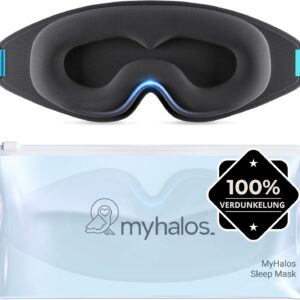 MyHalos Schlafmaske – Verdunkelnde Schlafmaske Frauen – 3D Schlafmaske Herren für Komfort ohne Druck – Vorgeformte Schlafbrille für Komplette Verdunkelung – Schwarze Augenbinde mit Etui