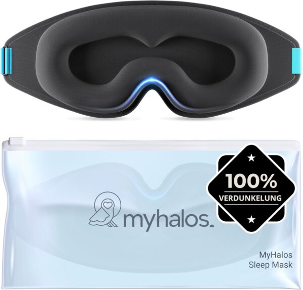 MyHalos Schlafmaske – Verdunkelnde Schlafmaske Frauen – 3D Schlafmaske Herren für Komfort ohne Druck – Vorgeformte Schlafbrille für Komplette Verdunkelung – Schwarze Augenbinde mit Etui