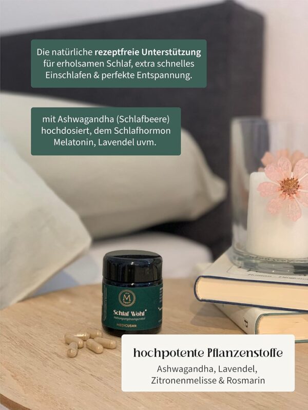 Medicusan Schlaf Wohl – 400mg Lavendel – 700mg Zitronenmelisse – 525mg Rosmarin – 200mg Ashwagandha / Schlafbeere– Melatonin – 1 Kapsel/Tag – 30 Kapseln/30 Tage – Bild 3