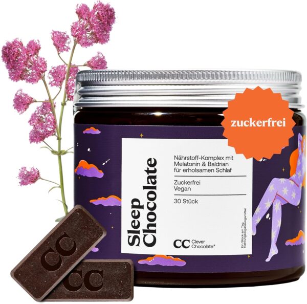Sleep Chocolate mit Melatonin + Baldrian für verkürzte Einschlafzeit - Zuckerfrei - Wirksamere Alternative zu Melatonin Sprays/Gummies 0,5 mg - Hochdosiert - Vegan - Made in Germany - Clever Chocolate