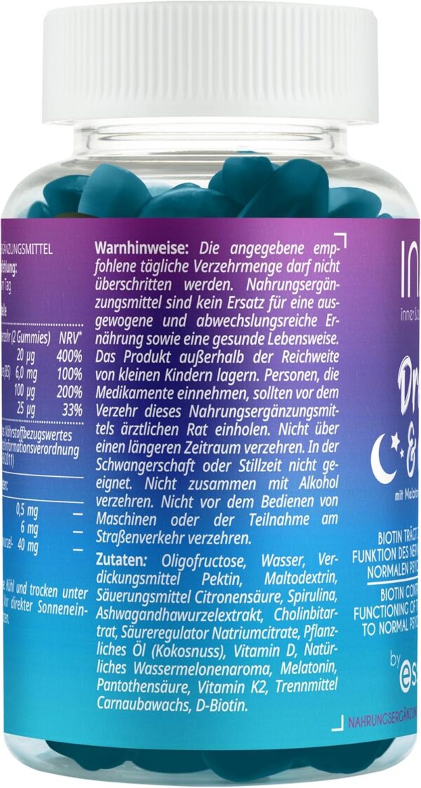 essence INAO Inner and Outer beauty Dream and Chill | vegane Nahrungsergänzungsmittel | Vitamin D, B7 | Melatonin Gummibärchen | 60 Stück – Bild 4