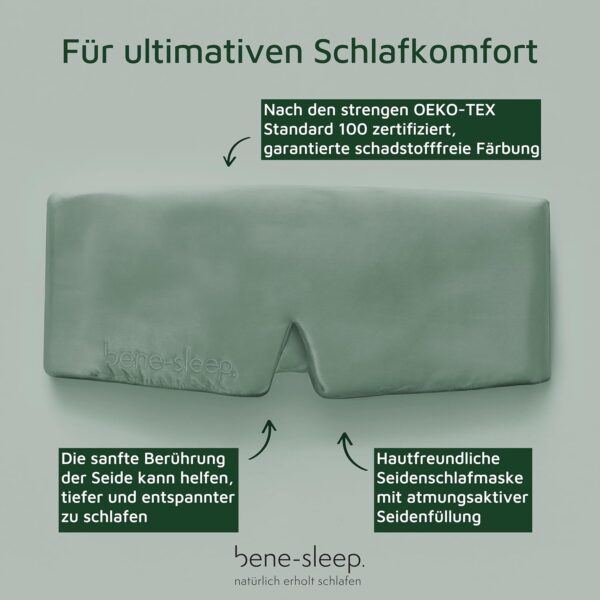 bene-sleep. Handgefertigte Schlafmaske aus reiner Seide mit Seidenfüllung – verstellbare Seidenschlafmaske Männer & Frauen – hypoallergen – atmungsaktive Maulbeerseide – Polyesterfrei (Grün) – Bild 2
