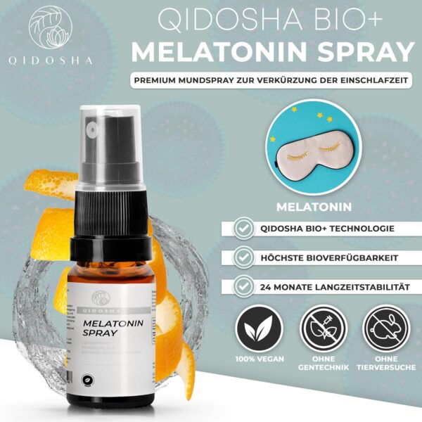 QIDOSHA® Melatonin Einschlafspray liposomal, liposomales Melatonin mit 15-fach erhöhter Bioverfügbarkeit, natürlicher Orangengeschmack, vegan, 30 ml = 180 Sprühstösse à 0,5mg Melatonin – Bild 3