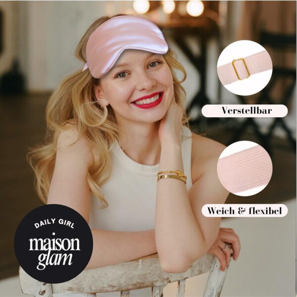 POOISE Schlafmaske - weiches Satin - vegane Seide - Anti Aging & anti Schlaffalten - Verstellbares Band - 100% Lichtblockierung - Reise Augenmaske - Geschenkidee für Frauen (Rosa) – Bild 8