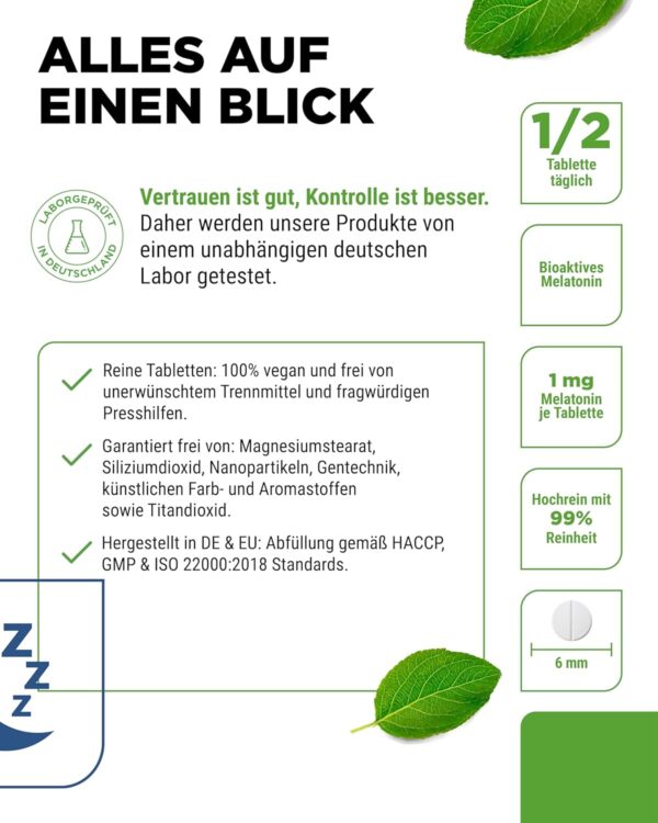 Melatonin - 365 Tabletten - 0,5 mg pro Tagesdosis (1/2 Tablette) - Laborgeprüft - Ohne unerwünschte Zusätze - Hochdosiert - Vegan – Bild 5